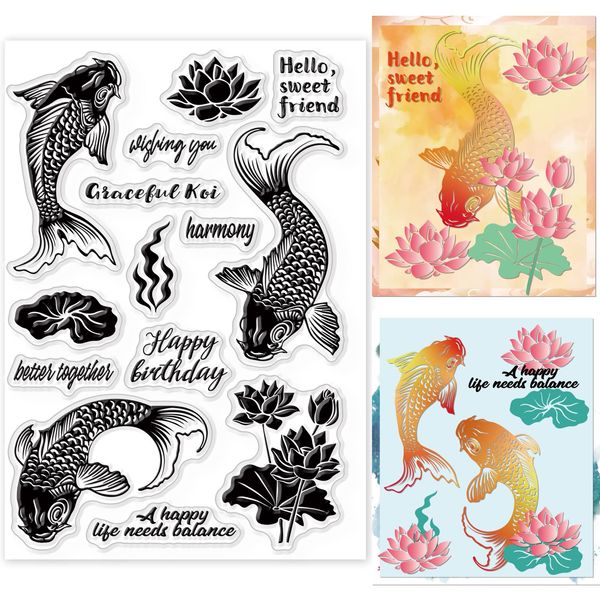 GLOBLELAND Lotus und Fisch Klar Briefmarken Tier Silikon Klare Stempel Dichtungen für Karten, Die DIY Scrapbooking Fotoalbum Dekoration