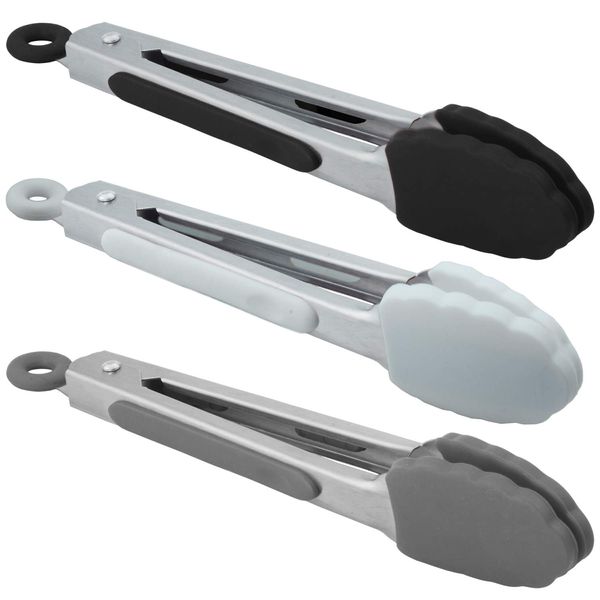 HINMAY Small Silicone Tongs 7-Inch Mini Serving Tongs, Set of 3 (Black White Gray)