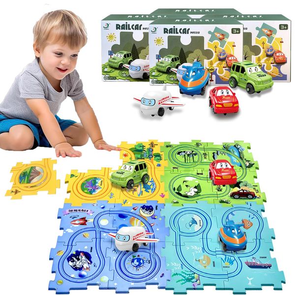 Puzzle Racer Kids Car Track Set Puzzle Racer Car Track Set with Vehicle & Puzzle Board for Kids Ages 3+ (4 Style & 4 Vehicle)