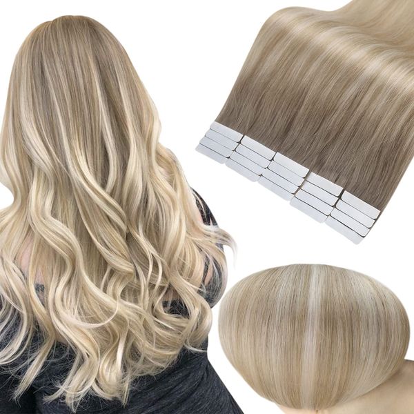 Full Shine Balayage Tape in Extensions Color 19/8/60 Grey And Blonde Tape in Hair Extensions Human Hair 16 Inch Straight Natural Hair Extensions 50 Gram 20 Pcs Double Sided Tape in Hair