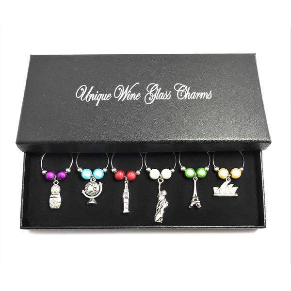 Libby's Market Place Set of 6 Around The World Wine Glass Charms with Gift Box