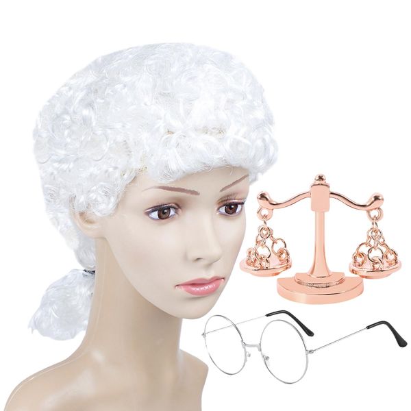 3 Piece Judge Cosplay Set, White Wig, Fair Weights, Wavy Wig, Themed Party Costume Accessories