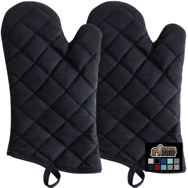 Gorilla Grip Heat Resistant Thick Cotton Oven Mitts Set, Soft Quilted Lining, Strong Grip Potholders for Hot Pans and Oven, Kitchen Mitt Pair Protect Hands, Cooking Baking BBQ Gloves, 13 Inch, Black