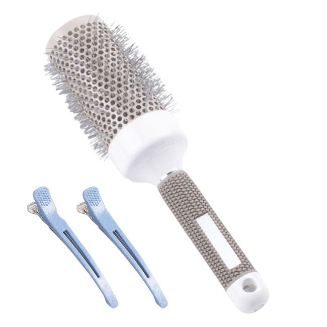 Round Barrel Hair Brush and 2PCS Professional Hair Clips, Nano Thermal Ceramic Coating and Ionic Tech for Hair Drying, Styling, Curling and Shine(white)