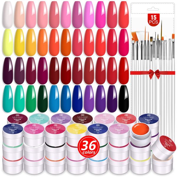 Saviland 36 Colors Gel Nail Set 8ml Color Gel Set with 15 Nail Brushes DIY Nail Art Design UV/LED Drawing Nail Brush for Nail Salon 36 Colors*8ml