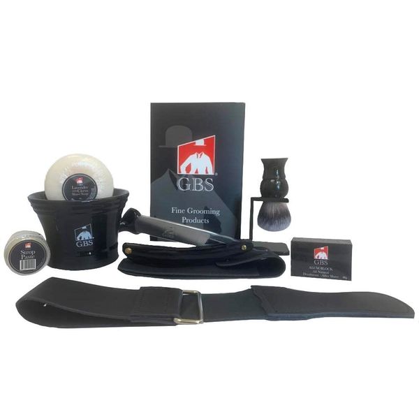 G.B.S All Complete Wet Shaving Kit Includes Razor and Case, Shaving Brush and Stand, Shave Soap, Ceramic Mug/Bowl, Razor Strop (Black Edition)