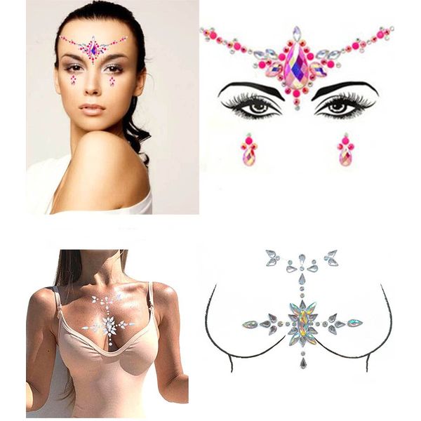 Blindery Rhinestone Mermaid Face Gems Rave Body Jewelry Tattoo Pink Body Stickers Festival Chest Gems for Women and Girls 2PC