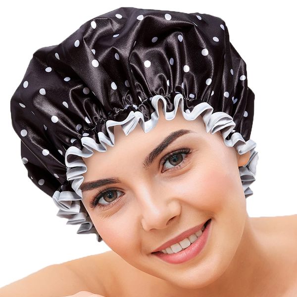 Bodylife Shower Cap Reusable Bath Cap Dual layered Waterproof Mono Polka Dot 27cm