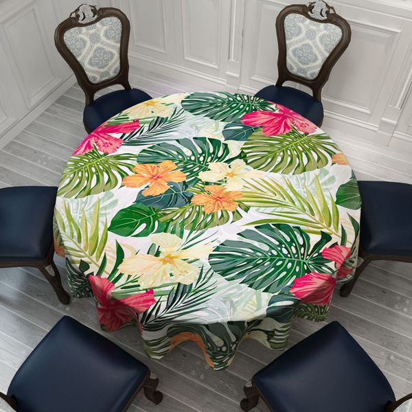 VVA Tropical Round Tablecloth, Hawaiian Palm Tree Hibiscus Flowers Plants Tablecloths, Aloha/Luau Theme Party, Wipeable Waterproof Table Cloth for Family Dinners Patio Outdoor/Outside Events 60 Inch