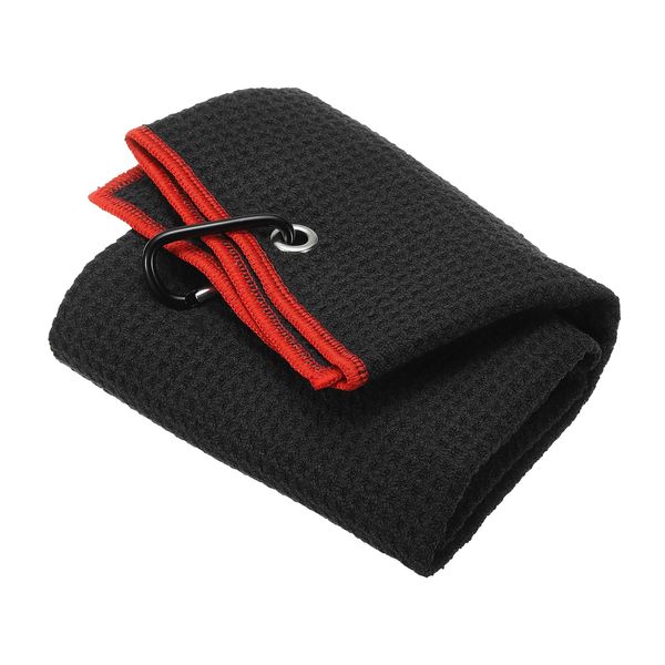 PATIKIL 50 x 40cm Tri-Fold Golf Towel Microfiber Waffle Towel Absorbent Soft Towel with Aluminum Clip for Golf Bag and Club, Black