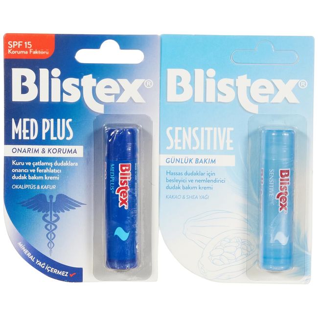 Blistex Medplus Stick Kuru ve Çatlamış Dudaklara Onarıcı ve Ferahlatıcı Dudak Bakım Kremi + Sensitive Hassas Dudaklar için Besleyici ve Nemlendirici Dudak Bakım Kremi