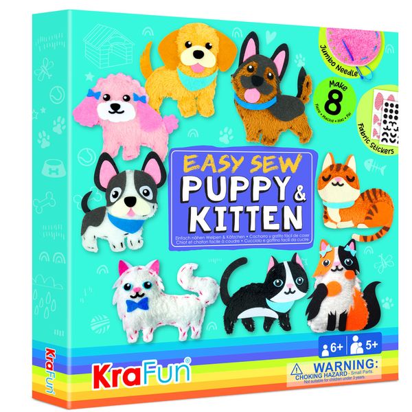 KRAFUN Easy Sewing Kit for Beginner Kids Arts & Crafts, 8 Easy DIY Projects of Stuffed Animal Dolls of Puppies & Kittens, Dogs and Cats, Instructions & Felt, Gift for Girls, Boys, Learn to Sew