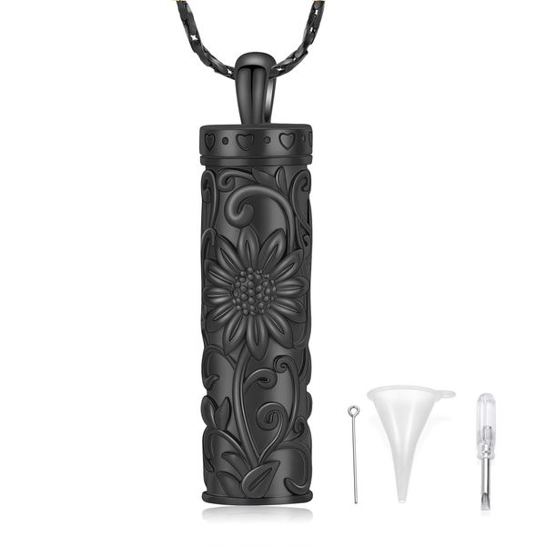 QGJNSGC Sunflower Celtic Urn Necklace Cylinder Bar Urn Necklace for Ashes Pendant Necklace Keepsake for Ashes Memory Keepsake Cremation Jewelry (Black)