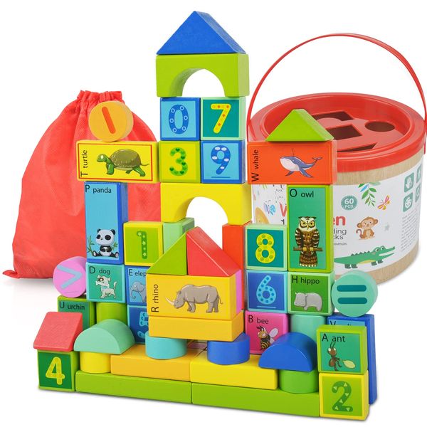 auryee Wooden Building Blocks Toys 60 PCS Toddler Stacking Toys Pre-School Learning Educational Toy for Kids | Baby | Boys | Girls Age 3 4 5 6 7 8 Year Old