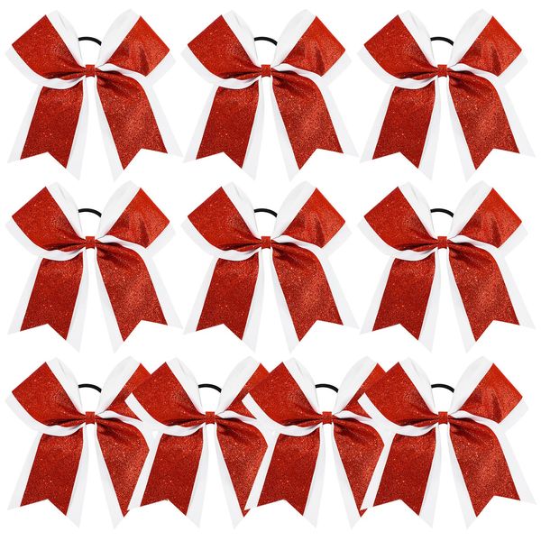 10PCS 8" Large Glitter Cheer Bows Red Hair Bow for Girls Rhinestones Sequin Bow Hair Ties School Senior Cheer Bow Accessories for Teen Softball football Cheerleader Sports