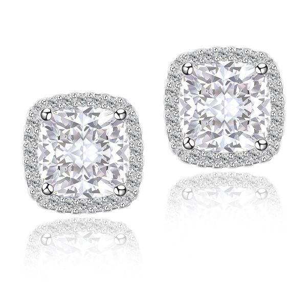 CZ Stud Earrings, Halo Stud Earrings for Women YOMELA White Gold 10MM Square Cubic Zirconia Stud Earrings Hypoallergenic for Women