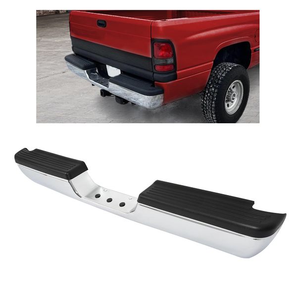 KUAFU Rear Bumper Assembly Compatible with 1994-2002 Dodge Ram 1500 2500 Fleetside/Styleside W/Step Pads Silvery+Black Steel+Plastic Powder Coated+Chrome Heavy Duty