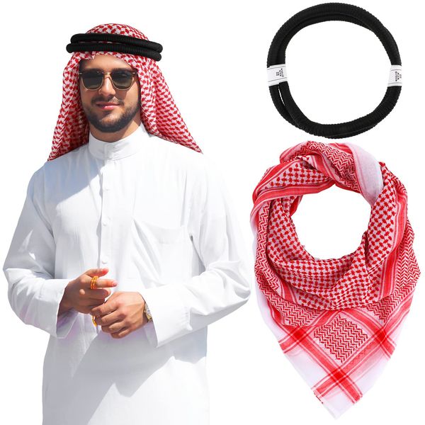 Arab Shemagh Muslim Keffiyeh Head Wrap Scarf Tactical Desert Neck Headwear with Aqel Rope for Men Women, 55x55 Inch (Red)