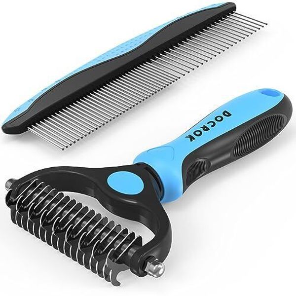 Pet Grooming Brush and Metal Comb Combo, Cat Dog for Blue