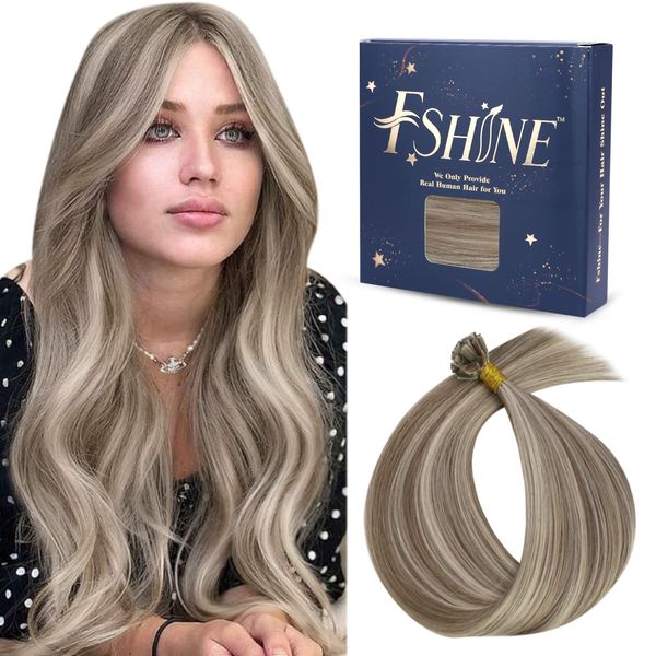 Fshine Utip Hair Extensions 18 Inch Highlight U tip Extensions Human Hair Ash Brown to Platinum Blonde 8/60 Real Hair Extensions Pre Bonded Hair 50 Strands 50 Gram