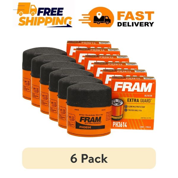 (6 pack) FRAM Extra Guard Oil Filter, PH3614, 10K Miles, Replacement Oil Filter