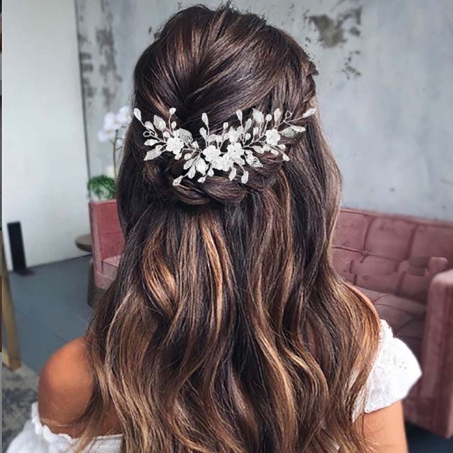 Vatocu Blume Braut Hochzeit Haar Rebe Silber Kristall Kopfschmuck Perle Braut Haarschmuck für Frauen und Mädchen