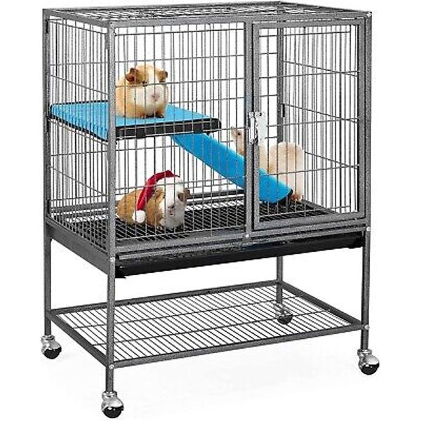 Two-Tier Small Animal Cage with Soft Fabric Ramp Protection & Storage Shelf