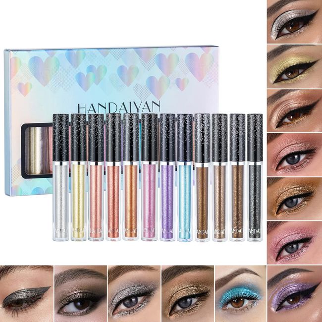 Olasfa 12 Farben Glitzer Lidschatten Flüssiger Lidschatten Stift Glitter Augen Make Up Set Langlebig Wasserdicht Liquid Eyeshadow für Cosplay Maskerade Tägliches Make Up Mädchen Damen Geschenk