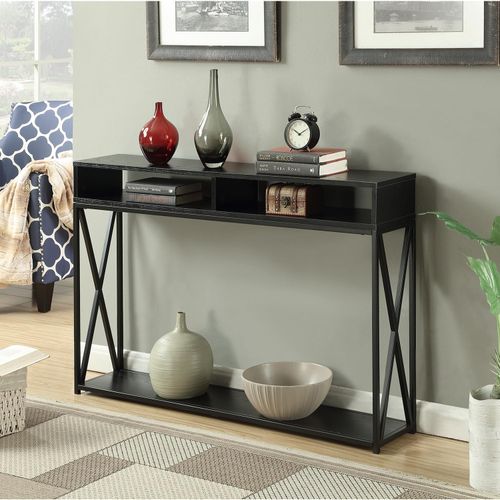 HomeStock Old World Charm 2-Tier Console Table, 47.25-in x 9-in x 30.5-in, Black Finish, Open Shelving, Powder-Coated Metal Frame, Sleek & Functional Entryway Table