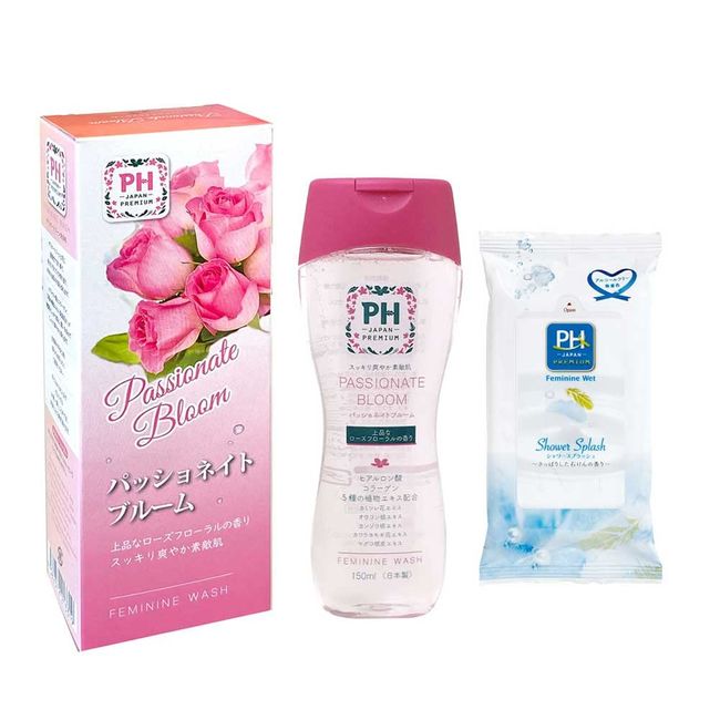 Delicate Zone Soap, Odor, Itching, Blackheads, Menstrual Use, Safe, Safe, Made in Japan, PH JAPAN Premium Feminine Wash, 5.1 fl oz (150 ml) (Passionate Bloom) + Shower Splash, Feminine Wet Sheet Type