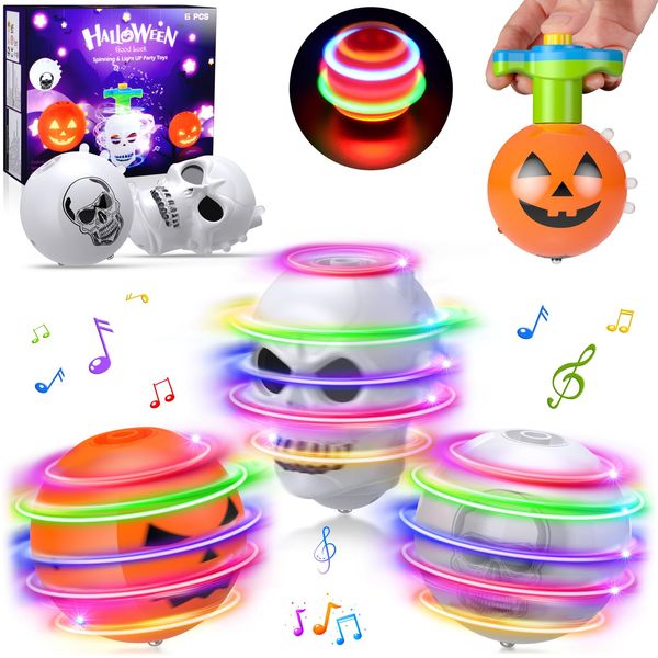 6 PCS Halloween Spinning Toy Gifts for Kids, Light Up Flashing Halloween Spin Tops with LED Gyroscope for Halloween Party Favors, Goodie Bag fillers - Pumpkin, Skull