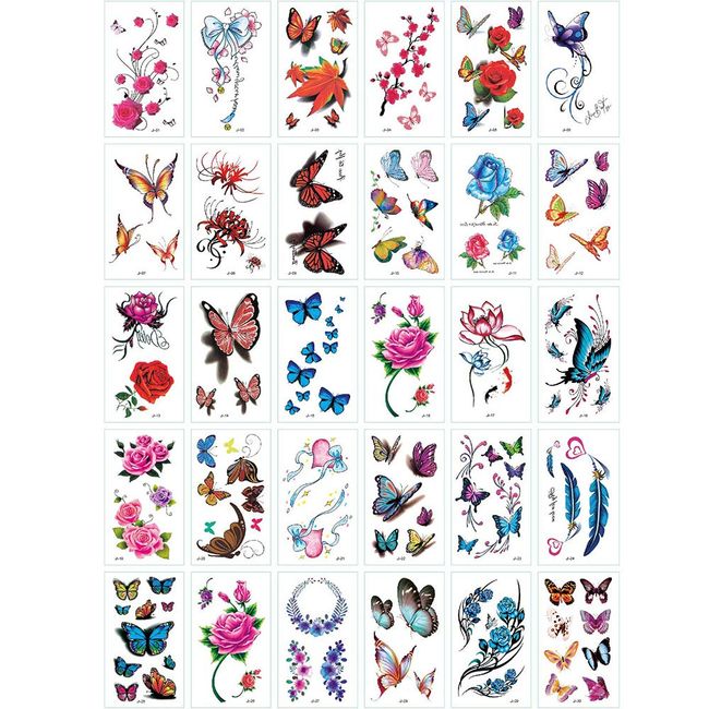 Yesallwas 30 Sheets cute Temporary Tattoo Sticker Fake Tattoos for Women Girls Models,Waterproof Long Lasting Body Art Makeup Sexy Realistic Tattoos -Butterflies, Rose, Flowers