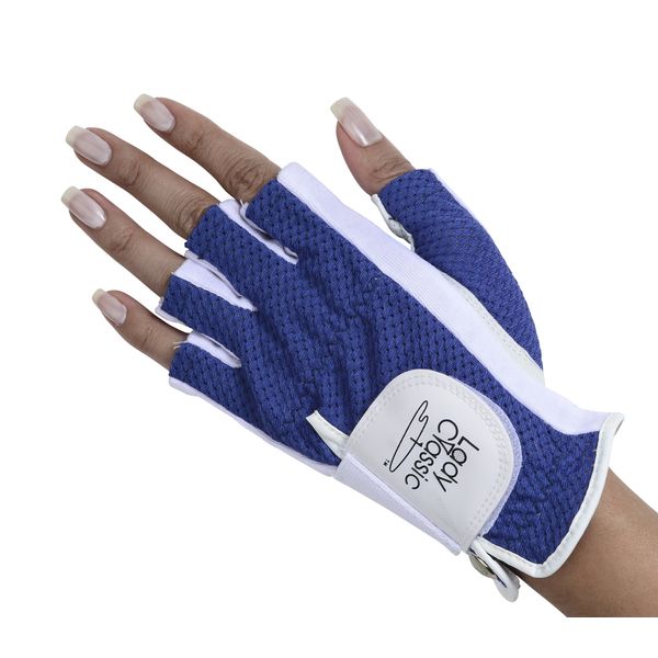 Lady Classic Cabretta Womens Solar Half 1/2 Finger Golf Glove - Left Hand, Royal Blue & White, Medium (CLH02WTRB)