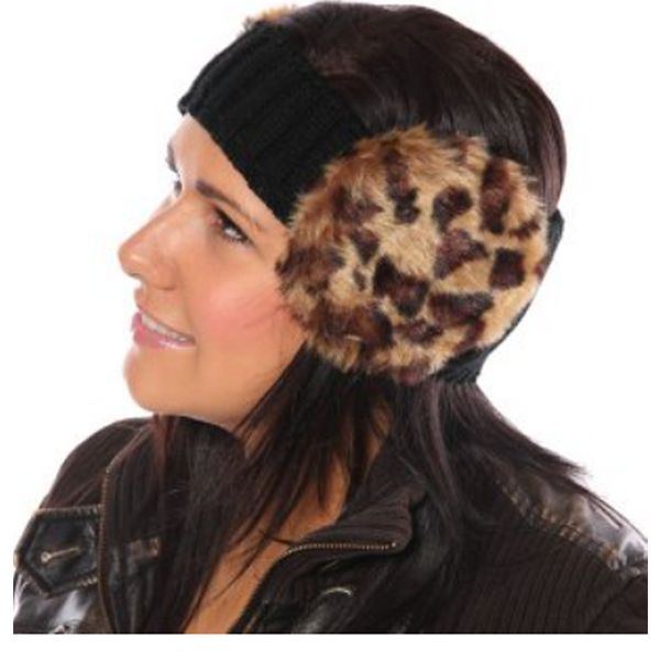 Hawkins Coll Black Ribbed Knitted Winter Headband Faux Fur Earmuffs Brown Black Animal Print