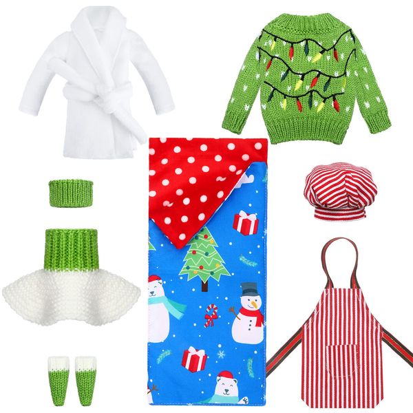 9 Pcs Christmas Elf Accessories with Elf Doll Clothes Kit Include Sleeping Bag, Robe, Chef Hat, Chef Apron and Green Sweater for Holiday Clothing Outfit Toy Set Decorations.