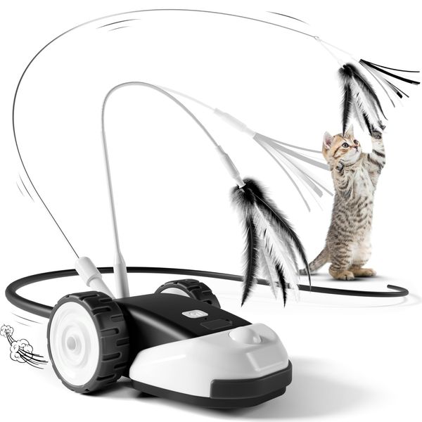 CYROS 3-in-1 Interactive Cat Toy - 2-Speed Automatic Moving Mouse Cat Toys Self Play with 2pcs Hanging Feather String Ribbon and Wiggly Silicone Mice Tail for Bored Indoor Adult Cats Kittens