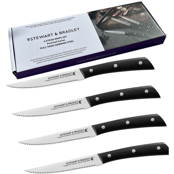 STEWART & BRADLEY Steak Knives Set of 4, Full Tang, Premium German Steel #4028, Razor Sharp Stainless Steel Steak Knives, Lightweight 5 Inch Serrated Blade. Steak Knife Set for Every use.