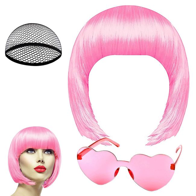 Pink Short Bob Wig and Sunglass Set, Neon Short Bob Wig Sunglass Pack Costume Colorful Cosplay Wig Hairpieces for Bachelorette Neon Party Favors, Party Wigs Halloween Decorations (pink)