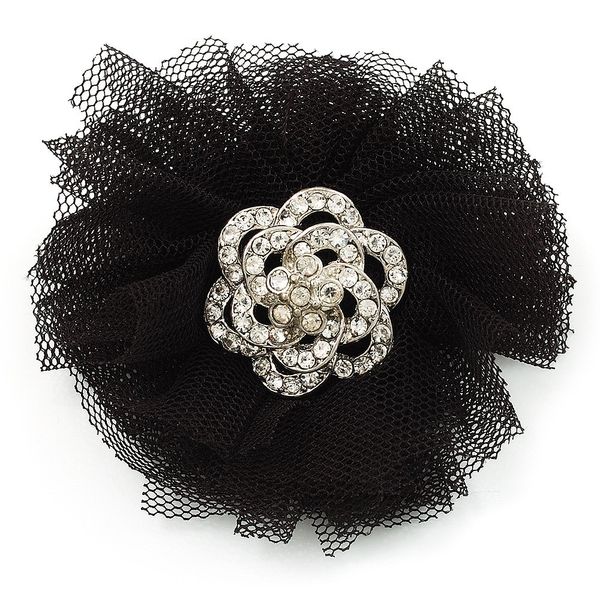 Black Crystal Net Floral Brooch