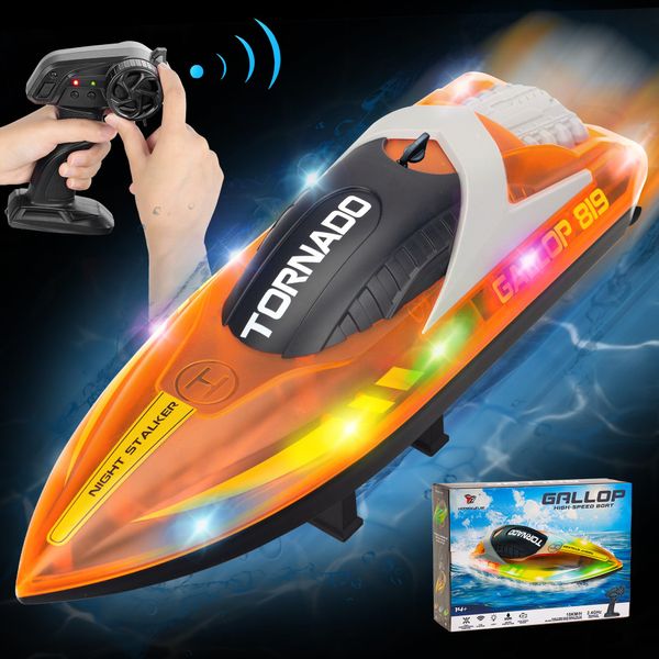 RANFLY RC Boat for Kids 8-12, 15+ MPH Fast Remote Control Boat with LED Lights, 2.4G RC Electric Boats Pool and Lakes Toys for Adults (Orange)