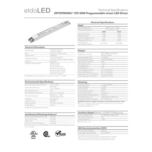 eldoLED | OPTOTRONIC OTi 50W Programmable Linear LED Driver |Replacement for 57456 Osram | Oti 50/120-277/1A4 DIM-1 L AUX G2 | 2743X7