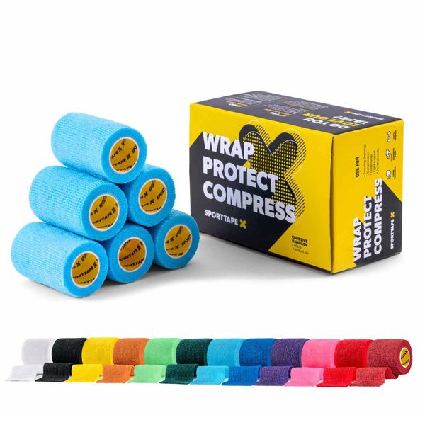 6 Rolls SPORTTAPE Self Adhesive Cohesive Bandage, Pet Bandage, Vet Wrap for Dogs & Horses | 7.5cm x 4.5m - Sky Blue | Compression Wrap | Football Sock Tape & Shin Pad Tape, Ankle Support Tape