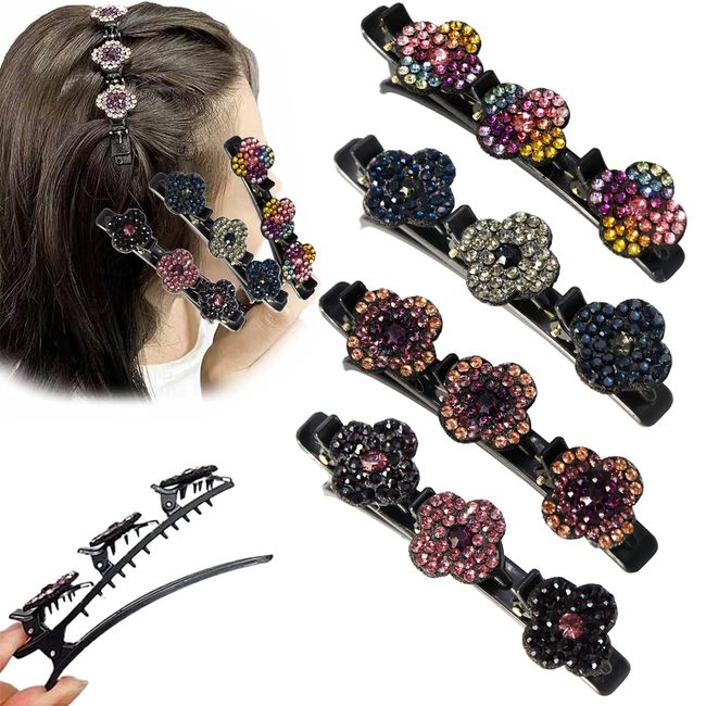 Kolibri-Haarspange mit Kristallblume,Haarschmuck für Frauen Strass-Haarspange, Vierblättriges Haarnadel-Entenschnabel-Clip, Modische Doppelschicht-Mini-Haarspangen-4 Stück