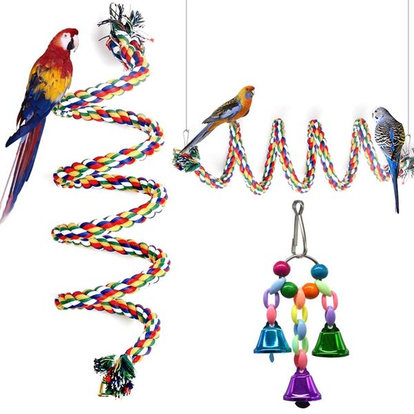 GINXIA Parrot Rope Perch Cotton Rope Bird Perch with Bell Climbing Stand Bar Bird Bungee Toy Parrot Chew Toys (43")