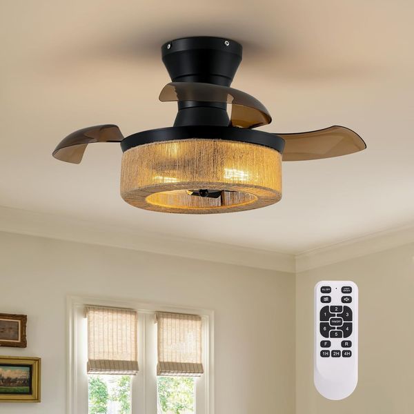 28'' Retractable Ceiling Fan with Lights, Flush Mount Small Caged Low Profile Ce