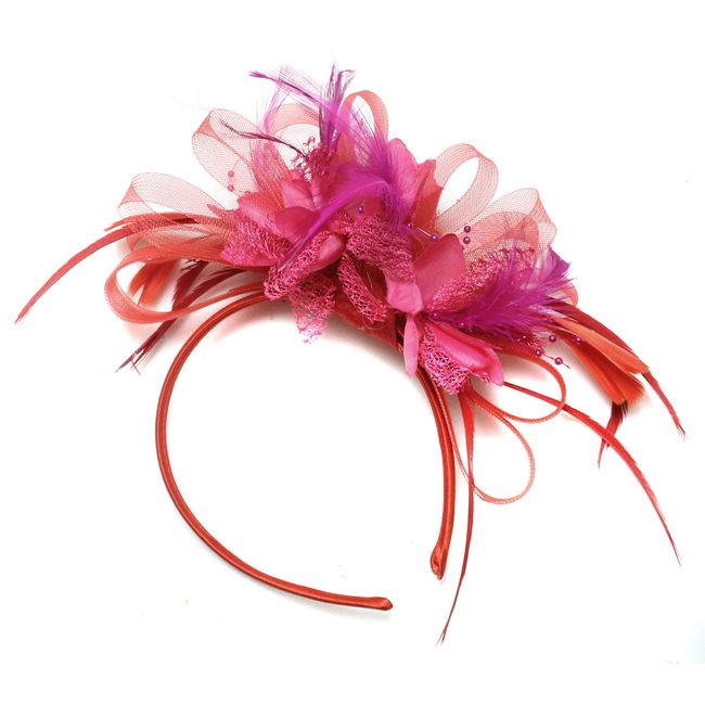 Caprilite Fashion Red and Fuchsia Hot Pink Fascinator Headband Net Hoop Feather Hair Wedding Royal Ascot Races