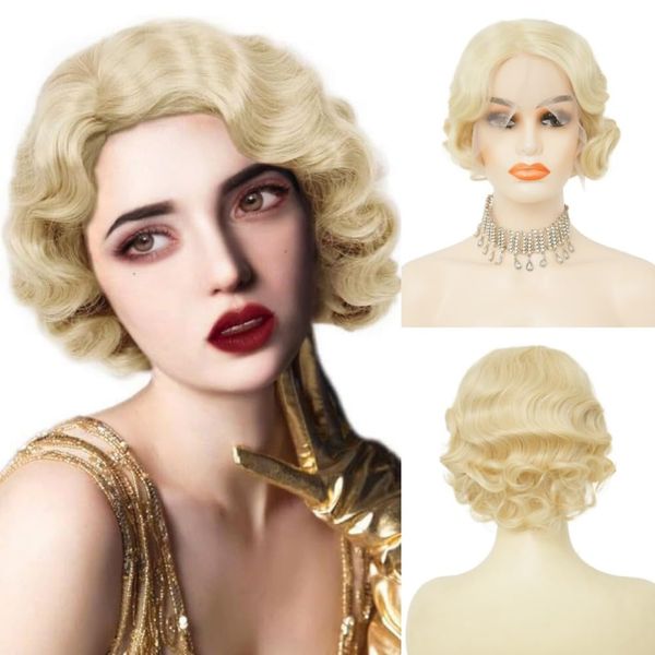 Siudus Blonde Lace Front Finger Wave Wig for Women Short 1920s Curly Wig Natural Synthetic Heat Resistant Fibre Hiar for Cosplay Daily Use