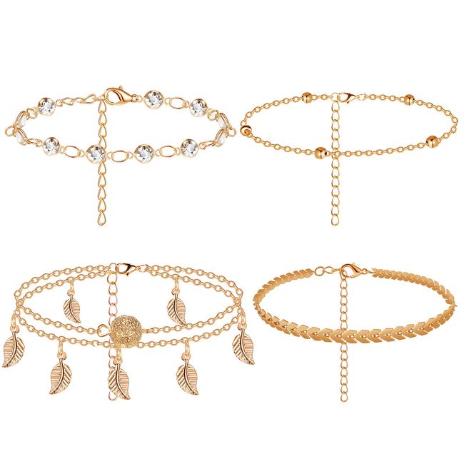 Yaomiao 4 Stück Boho Fußkettchen Verstellbare Fußketten Geschichtete Fuß Perlenkette Blatt Fußketten Fuß Schmuck für Frauen Mädchen Sommer Strand Zubehör (Gold)