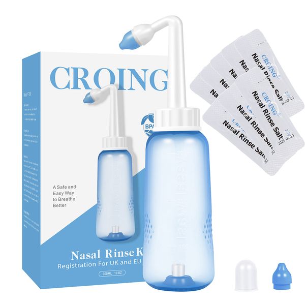 CROING 𝙎𝙞𝙣𝙪𝙨 𝙍𝙞𝙣𝙨𝙚 - 80 x Sinus Rinse Mix + 1x Nasal Wash Bottle (300ml), Nasal Rinse Sachets Kit, Neti Pot Salt, Nasal Irrigation,Nasal Douche,Sinus Relief,Neti-Pot