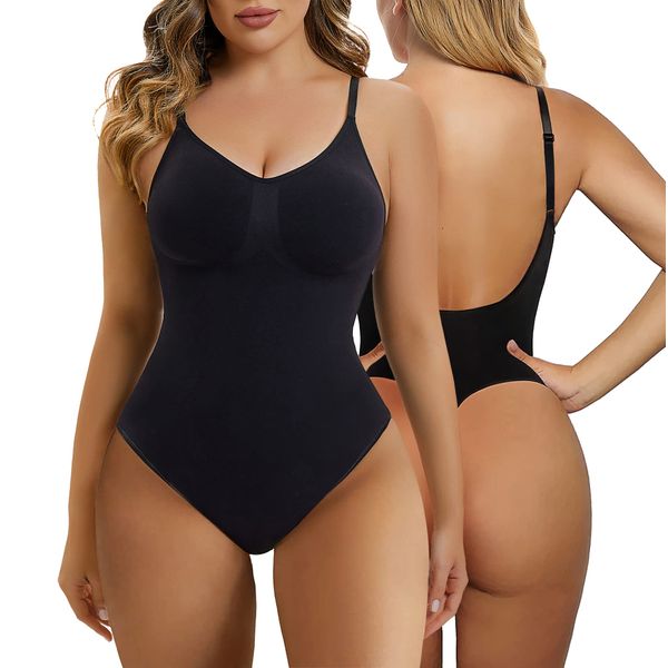 SHAPERX Low Back Bodysuit for Women Tummy Control Shapewear Seamless Sculpting Body Shaper Thong Tank Top,SZ5266-Black-L/XL